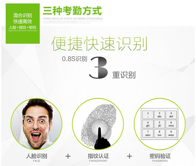 中控UF100人脸加指纹考勤机三种考勤方式